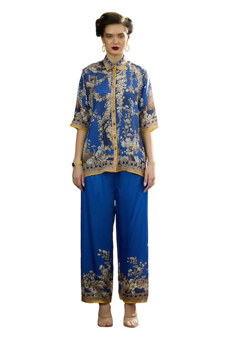 Shop_Rajdeep Ranawat_Blue Modal, Satin Permaz Botanical Print Flared Pant _Online_at_Aza_Fashions