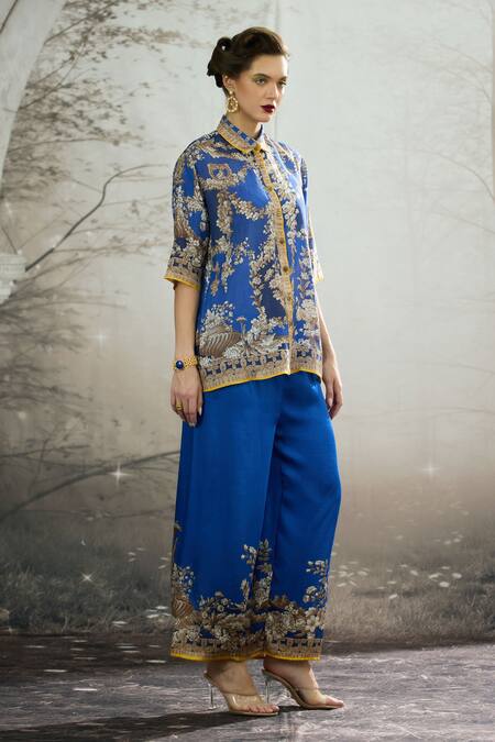 Buy_Rajdeep Ranawat_Blue Modal, Satin Permaz Botanical Print Flared Pant 