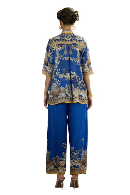 Shop_Rajdeep Ranawat_Blue Modal, Satin Permaz Botanical Print Flared Pant 