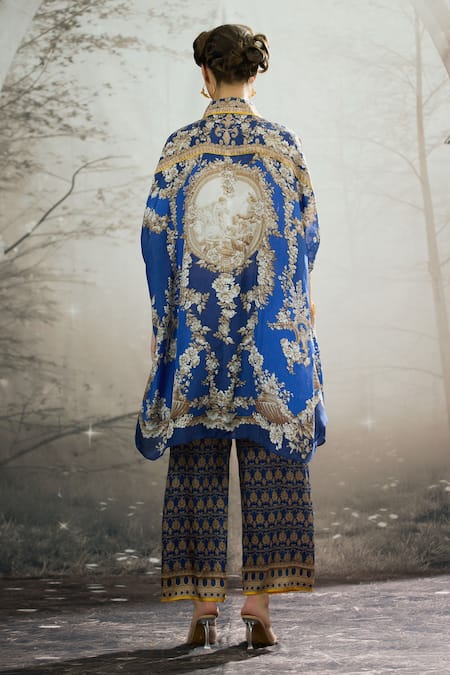 Shop_Rajdeep Ranawat_Blue Modal, Satin Permaz Mughal Print Flared Pant _at_Aza_Fashions
