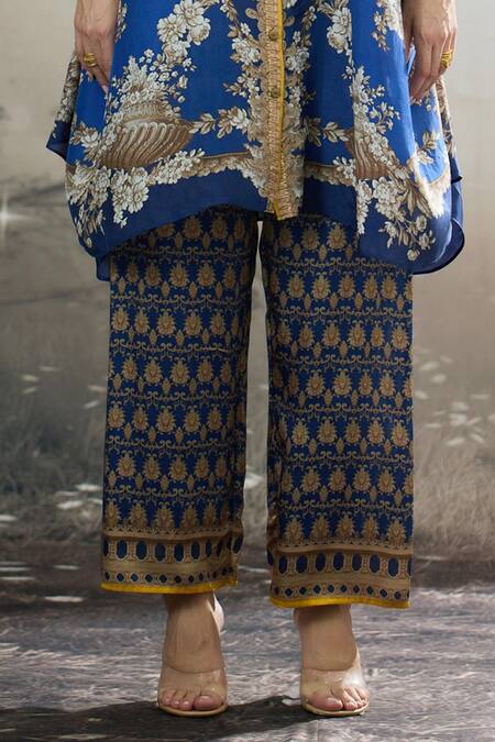 Rajdeep Ranawat_Blue Modal, Satin Permaz Mughal Print Flared Pant _Online_at_Aza_Fashions