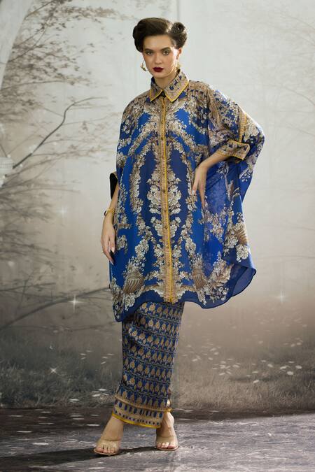 Shop_Rajdeep Ranawat_Blue Modal, Satin Permaz Mughal Print Flared Pant 
