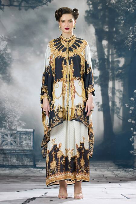 Buy_Rajdeep Ranawat_Black Modal, Satin Surilee Paisley Print Draped Skirt _Online_at_Aza_Fashions