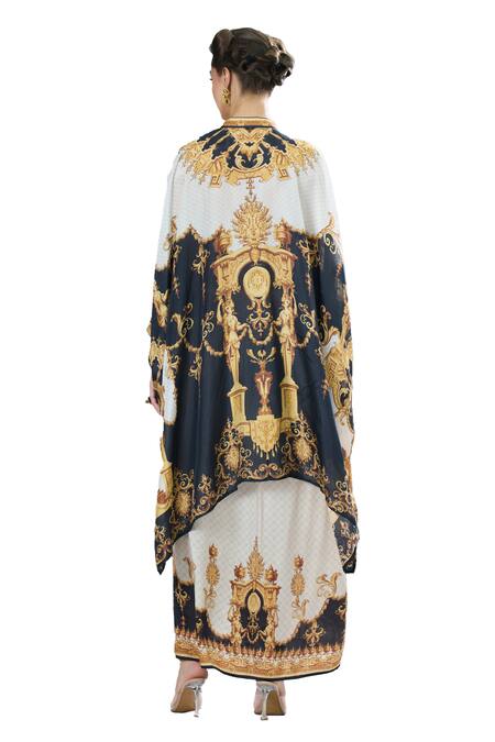 Rajdeep Ranawat_Black Modal, Satin Surilee Paisley Print Draped Skirt _at_Aza_Fashions