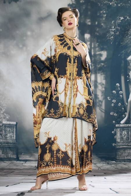 Buy_Rajdeep Ranawat_Black Modal, Satin Surilee Paisley Print Draped Skirt 