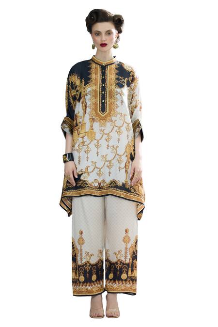 Buy_Rajdeep Ranawat_Black Modal, Satin Permaz Border Printed Flared Pant _Online_at_Aza_Fashions