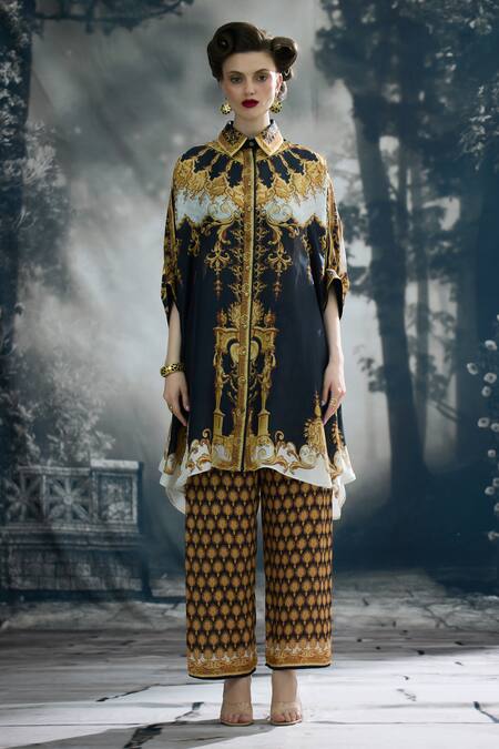 Rajdeep Ranawat_Black Modal, Satin Permaz Floral Butta Print Flared Pant _Online_at_Aza_Fashions