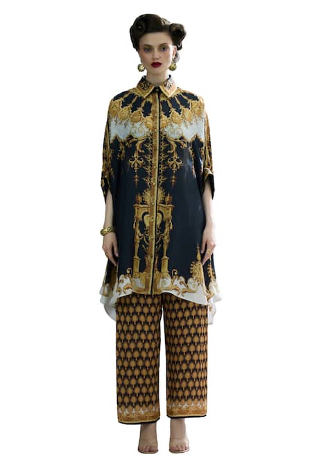 Buy_Rajdeep Ranawat_Black Modal, Satin Permaz Floral Butta Print Flared Pant _Online_at_Aza_Fashions