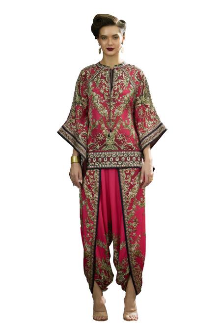 Rajdeep Ranawat_Fuchsia Modal, Satin Embroidery Sonth Floral Print Dhoti Pant _Online_at_Aza_Fashions