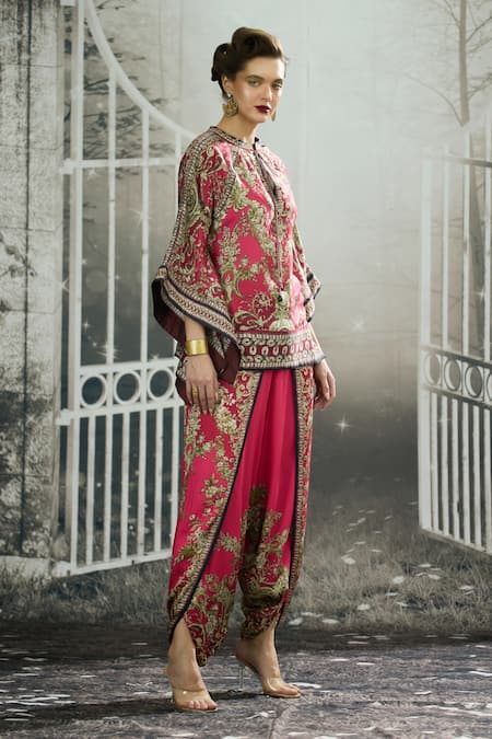 Shop_Rajdeep Ranawat_Fuchsia Modal, Satin Embroidery Sonth Floral Print Dhoti Pant _Online_at_Aza_Fashions