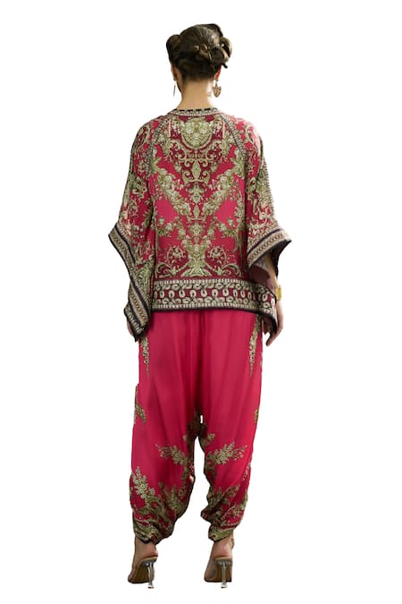 Rajdeep Ranawat_Fuchsia Modal, Satin Embroidery Sonth Floral Print Dhoti Pant _at_Aza_Fashions