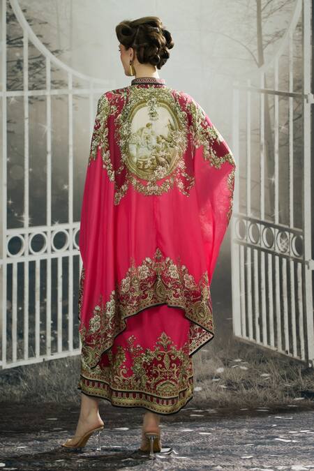 Shop_Rajdeep Ranawat_Fuchsia Modal, Satin Surilee Garden Border Print Draped Skirt _at_Aza_Fashions