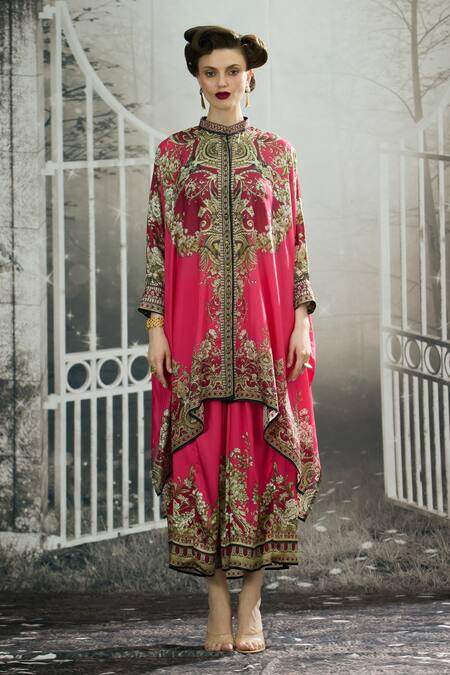 Buy_Rajdeep Ranawat_Fuchsia Modal, Satin Surilee Garden Border Print Draped Skirt _Online_at_Aza_Fashions