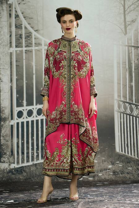 Shop_Rajdeep Ranawat_Fuchsia Modal, Satin Surilee Garden Border Print Draped Skirt _Online_at_Aza_Fashions