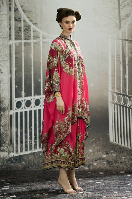 Rajdeep Ranawat_Fuchsia Modal, Satin Surilee Garden Border Print Draped Skirt _at_Aza_Fashions