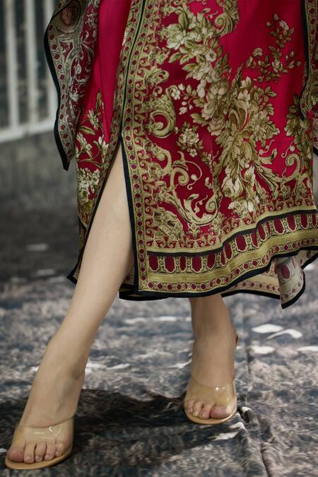 Shop_Rajdeep Ranawat_Fuchsia Modal, Satin Surilee Garden Border Print Draped Skirt 