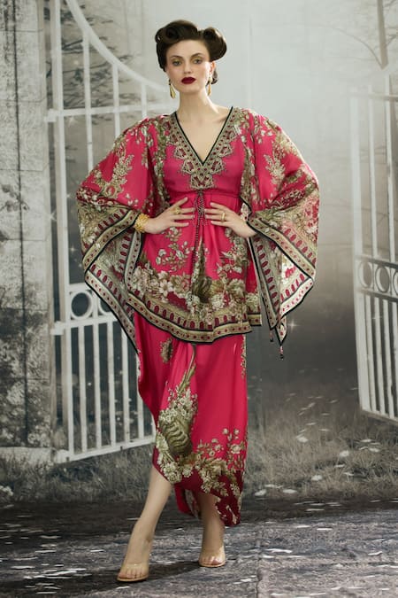 Rajdeep Ranawat Fuchsia Modal Satin Printed Garden Leila Border Draped Skirt