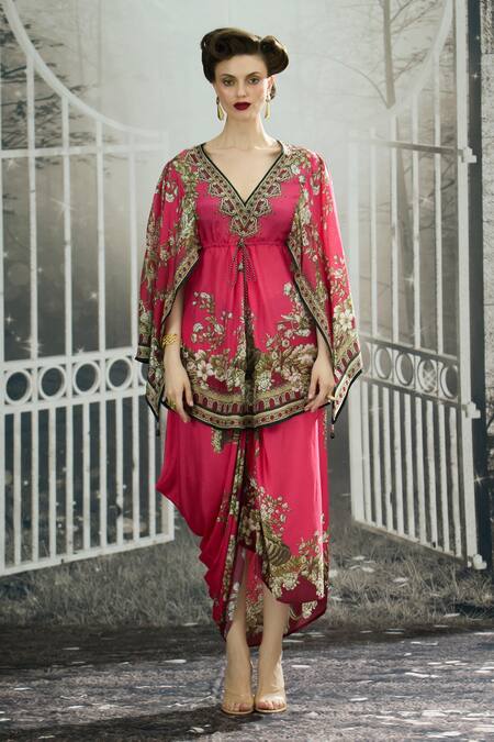 Buy_Rajdeep Ranawat_Fuchsia Modal, Satin Embroidery Leila Border Printed Draped Skirt _Online_at_Aza_Fashions