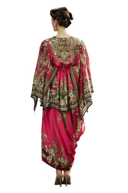 Shop_Rajdeep Ranawat_Fuchsia Modal, Satin Embroidery Leila Border Printed Draped Skirt _Online_at_Aza_Fashions