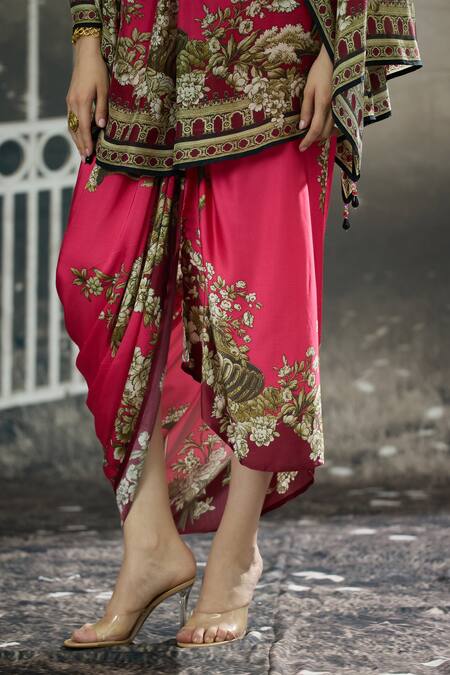 Buy_Rajdeep Ranawat_Fuchsia Modal, Satin Embroidery Leila Border Printed Draped Skirt 
