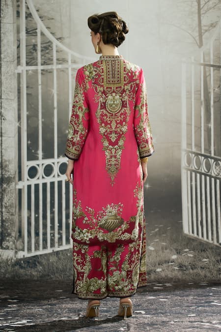 Shop_Rajdeep Ranawat_Fuchsia Silk, Modal Gloria Garden Print Layered Flared Pant _at_Aza_Fashions
