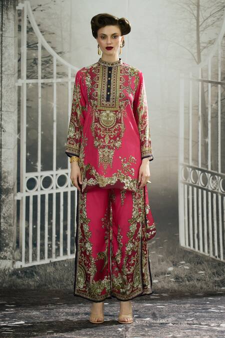 Rajdeep Ranawat_Fuchsia Silk, Modal Gloria Garden Print Layered Flared Pant _Online_at_Aza_Fashions