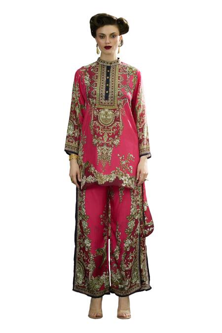 Buy_Rajdeep Ranawat_Fuchsia Silk, Modal Gloria Garden Print Layered Flared Pant _Online_at_Aza_Fashions