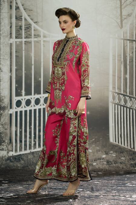 Shop_Rajdeep Ranawat_Fuchsia Silk, Modal Gloria Garden Print Layered Flared Pant _Online_at_Aza_Fashions
