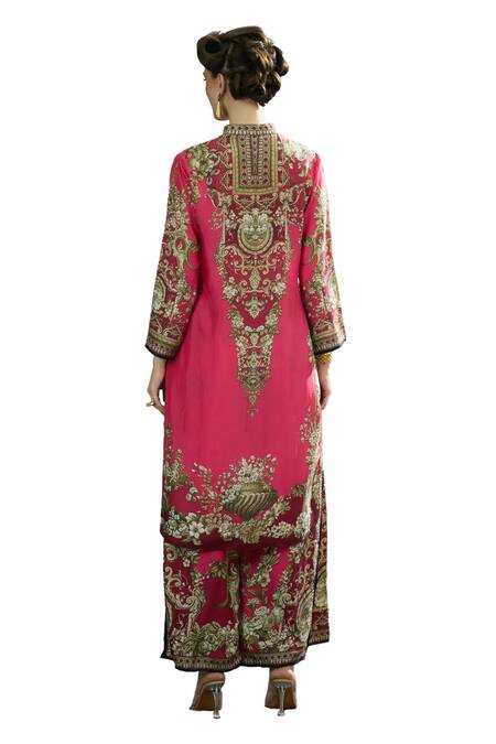 Rajdeep Ranawat_Fuchsia Silk, Modal Gloria Garden Print Layered Flared Pant _at_Aza_Fashions