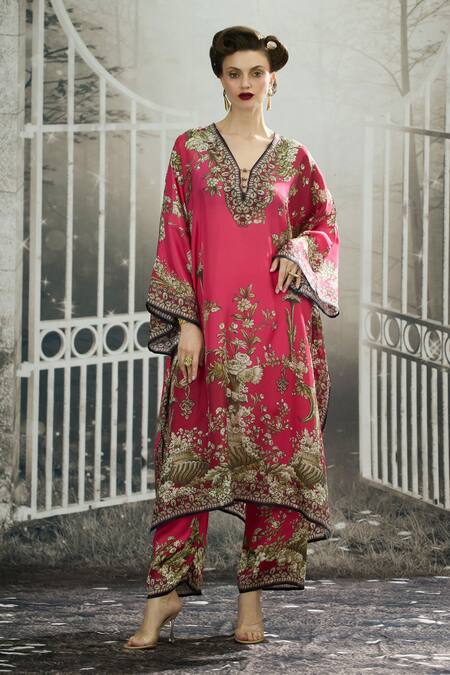 Shop_Rajdeep Ranawat_Fuchsia Modal, Satin Permaz Garden Print Flared Pant _Online_at_Aza_Fashions