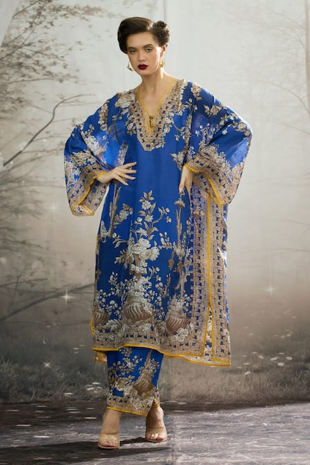 Rajdeep Ranawat Blue Silk Printed Floral V Neck Gufrina Kaftan