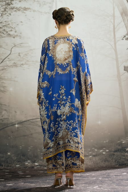 Shop Rajdeep Ranawat Blue Silk Embroidery, Beads V-neck Gufrina Printed Kaftan at Aza Fashions Shop_Rajdeep Ranawat_Blue Silk Embroidery, Beads V-neck Gufrina Printed Kaftan _at_Aza_Fashions