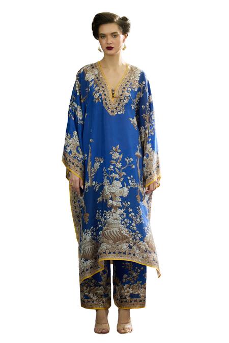 Rajdeep Ranawat Blue Silk Embroidery, Beads V-neck Gufrina Printed Kaftan Online at Aza Fashions Rajdeep Ranawat_Blue Silk Embroidery, Beads V-neck Gufrina Printed Kaftan _Online_at_Aza_Fashions