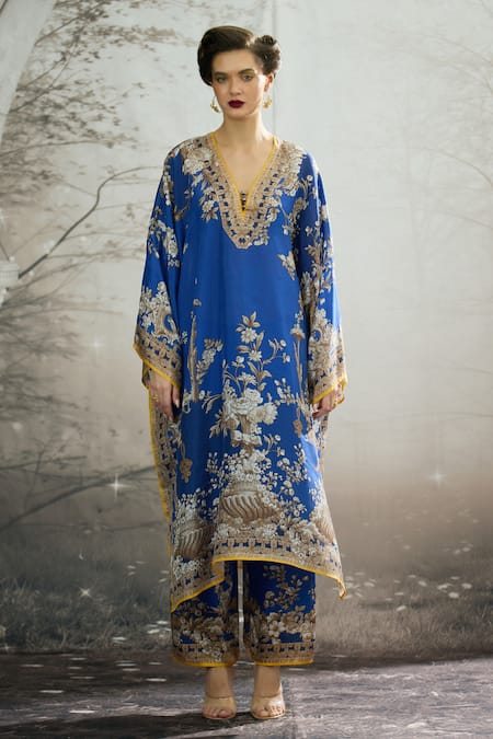 Buy Rajdeep Ranawat Blue Silk Embroidery, Beads V-neck Gufrina Printed Kaftan Online at Aza Fashions Buy_Rajdeep Ranawat_Blue Silk Embroidery, Beads V-neck Gufrina Printed Kaftan _Online_at_Aza_Fashions