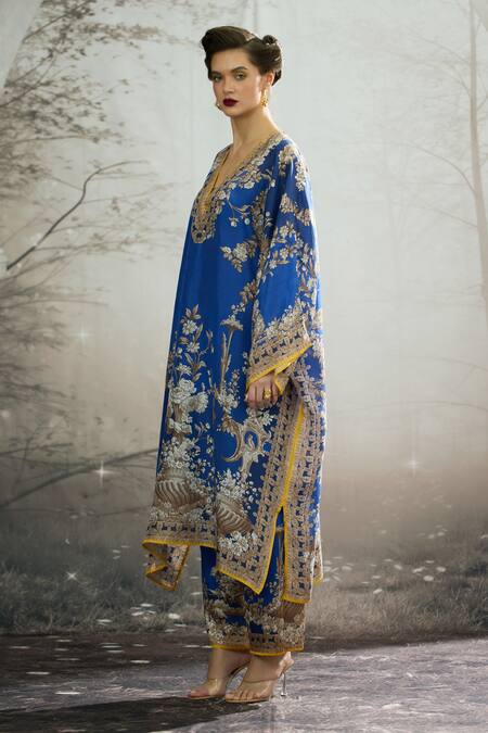 Shop Rajdeep Ranawat Blue Silk Embroidery, Beads V-neck Gufrina Printed Kaftan Online at Aza Fashions Shop_Rajdeep Ranawat_Blue Silk Embroidery, Beads V-neck Gufrina Printed Kaftan _Online_at_Aza_Fashions