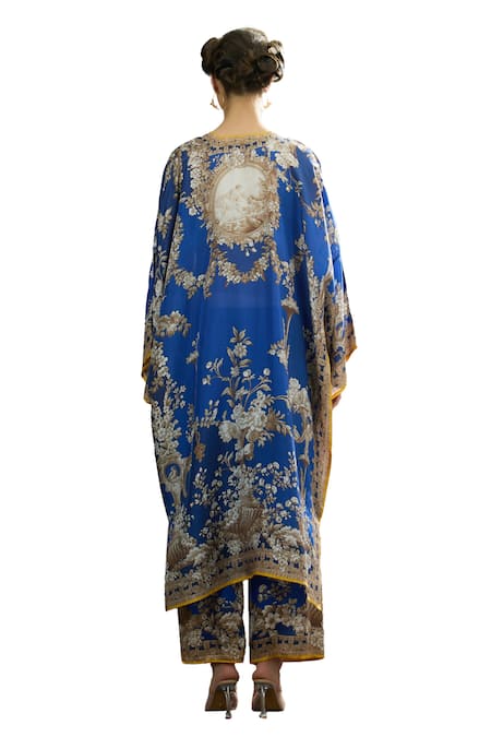 Rajdeep Ranawat Blue Silk Embroidery, Beads V-neck Gufrina Printed Kaftan at Aza Fashions Rajdeep Ranawat_Blue Silk Embroidery, Beads V-neck Gufrina Printed Kaftan _at_Aza_Fashions