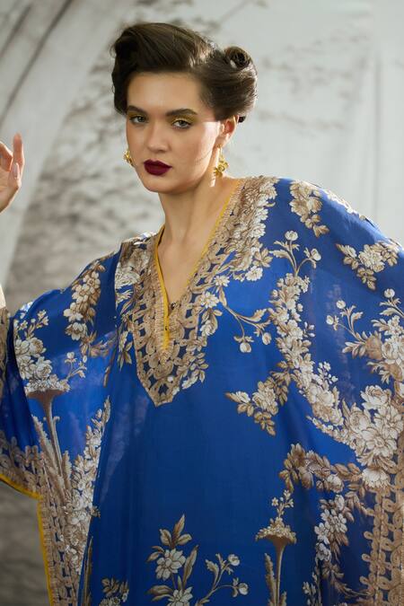 Buy Rajdeep Ranawat Blue Silk Embroidery, Beads V-neck Gufrina Printed Kaftan Buy_Rajdeep Ranawat_Blue Silk Embroidery, Beads V-neck Gufrina Printed Kaftan