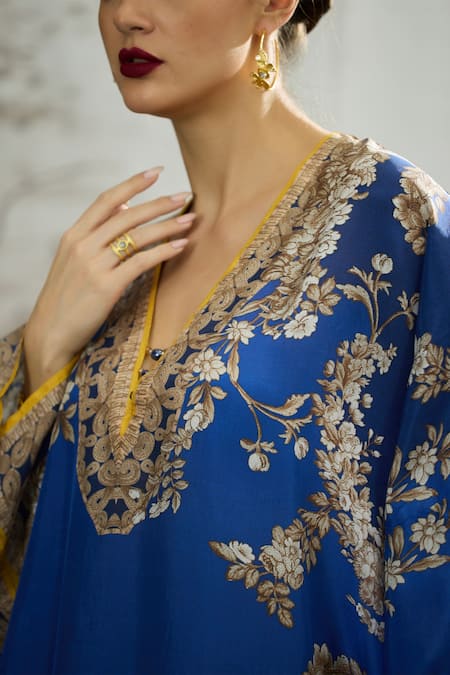 Shop Rajdeep Ranawat Blue Silk Embroidery, Beads V-neck Gufrina Printed Kaftan Shop_Rajdeep Ranawat_Blue Silk Embroidery, Beads V-neck Gufrina Printed Kaftan