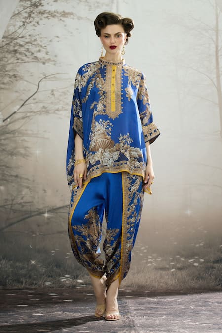 Rajdeep Ranawat Blue Silk Printed Floral Band Collar Chanel Tunic