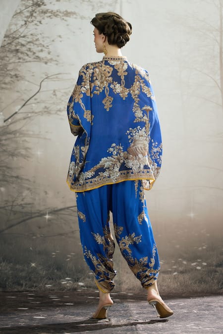 Shop_Rajdeep Ranawat_Blue Silk Embroidery Bandeau Neck Chanel Floral Print Tunic _at_Aza_Fashions