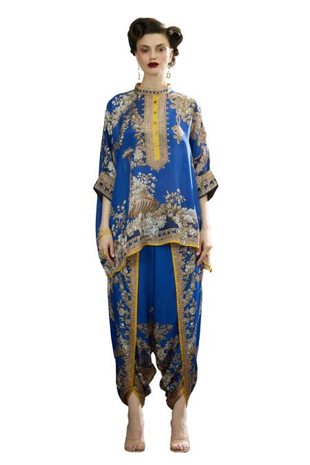 Rajdeep Ranawat_Blue Silk Embroidery Bandeau Neck Chanel Floral Print Tunic _Online_at_Aza_Fashions