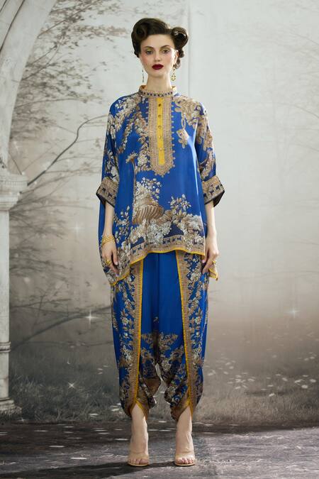 Buy_Rajdeep Ranawat_Blue Silk Embroidery Bandeau Neck Chanel Floral Print Tunic _Online_at_Aza_Fashions