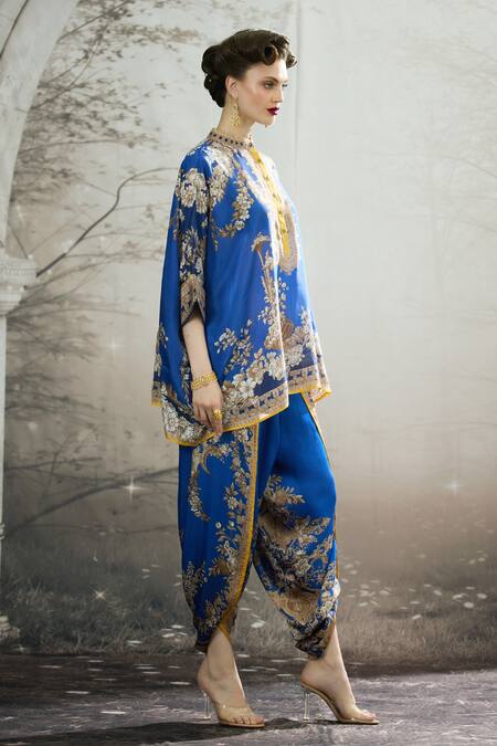 Shop_Rajdeep Ranawat_Blue Silk Embroidery Bandeau Neck Chanel Floral Print Tunic _Online_at_Aza_Fashions
