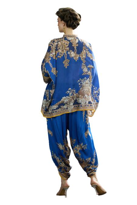 Rajdeep Ranawat_Blue Silk Embroidery Bandeau Neck Chanel Floral Print Tunic _at_Aza_Fashions