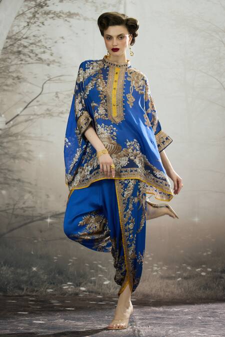 Buy_Rajdeep Ranawat_Blue Silk Embroidery Bandeau Neck Chanel Floral Print Tunic 
