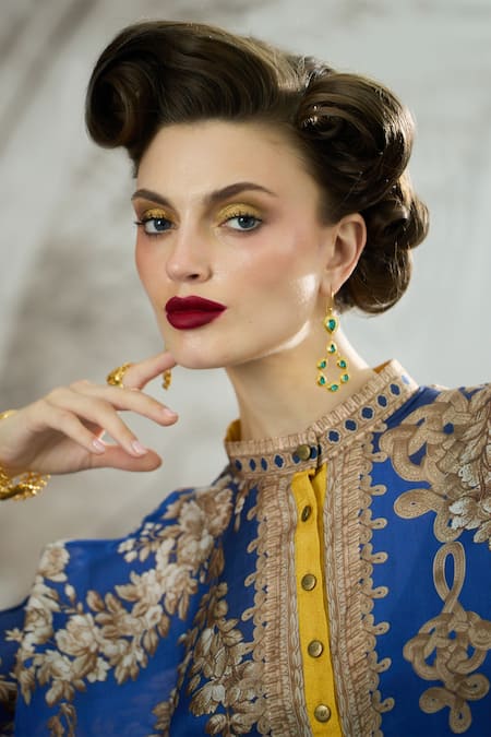 Shop_Rajdeep Ranawat_Blue Silk Embroidery Bandeau Neck Chanel Floral Print Tunic 