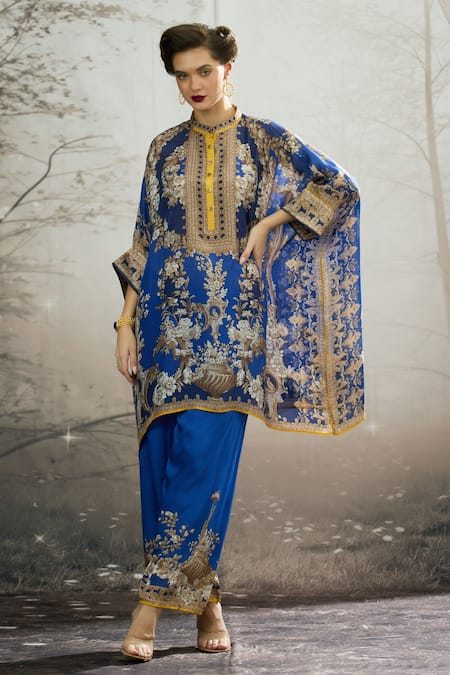 Rajdeep Ranawat Blue Silk Printed Flower Band Collar Chanel Tunic