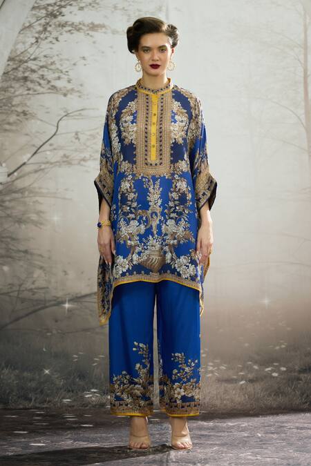 Buy_Rajdeep Ranawat_Blue Silk Embroidery Bandeau Neck Chanel Flower Print Tunic _Online_at_Aza_Fashions
