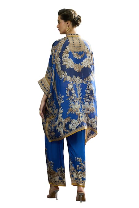 Shop_Rajdeep Ranawat_Blue Silk Embroidery Bandeau Neck Chanel Flower Print Tunic _Online_at_Aza_Fashions