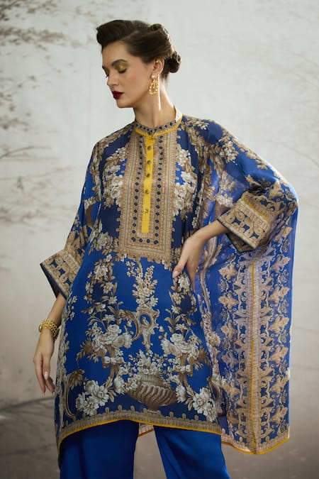 Rajdeep Ranawat_Blue Silk Embroidery Bandeau Neck Chanel Flower Print Tunic _at_Aza_Fashions